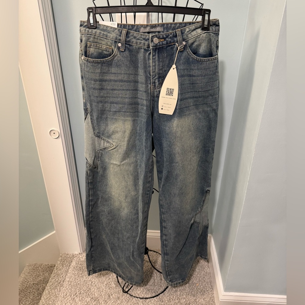 New Cali 1850 star patched low rise baggy blue jeans Sz 11 denim 30 tinted wash - Picture 4 of 16